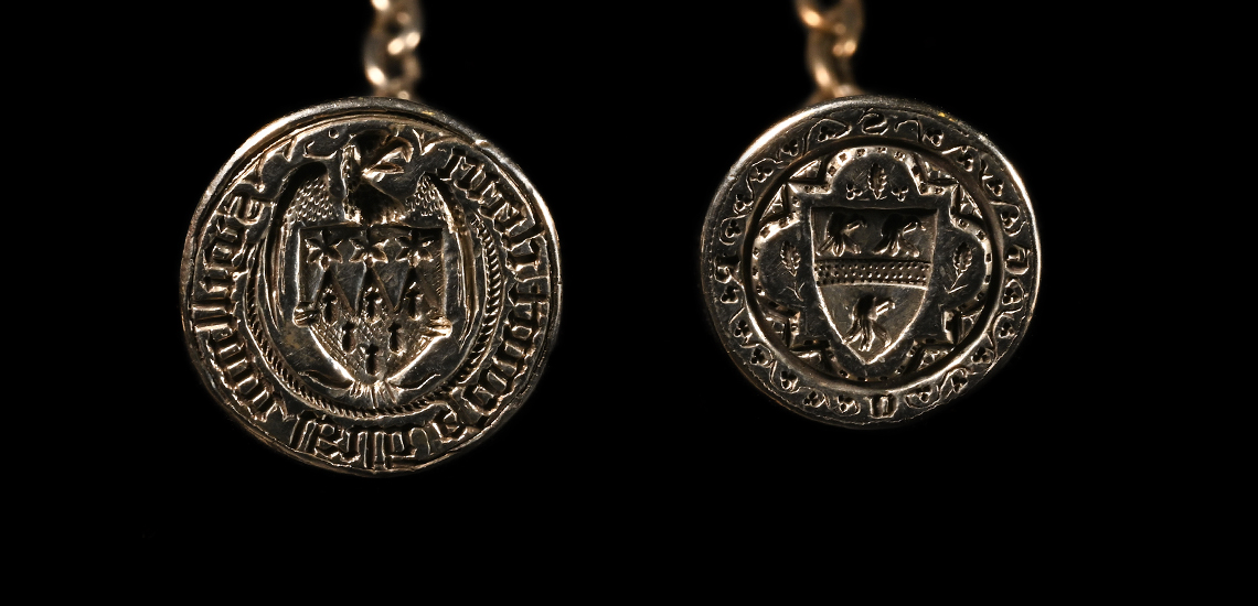 Heraldic Silver Chessman Type Seal Matrix Chained Pair with the Arms of Beaubois and Estcourt